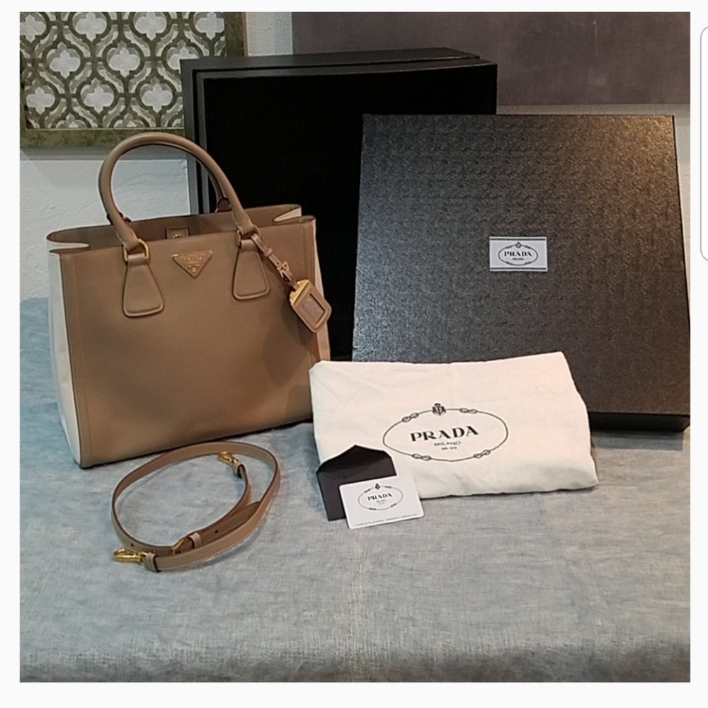 Prada Saffiano Cuir Twin Tote: Bicolor Tan & White